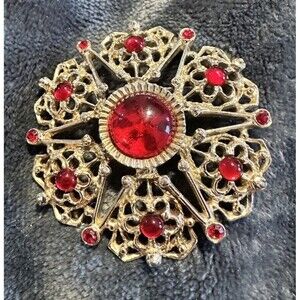 Vtg Sarah Coventry Brooch Serenade Starburst Red Glass Gold Tone Statement